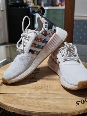 adidas Womens NMD_R1 White Sneakers with Multicolor Cartoon Panels